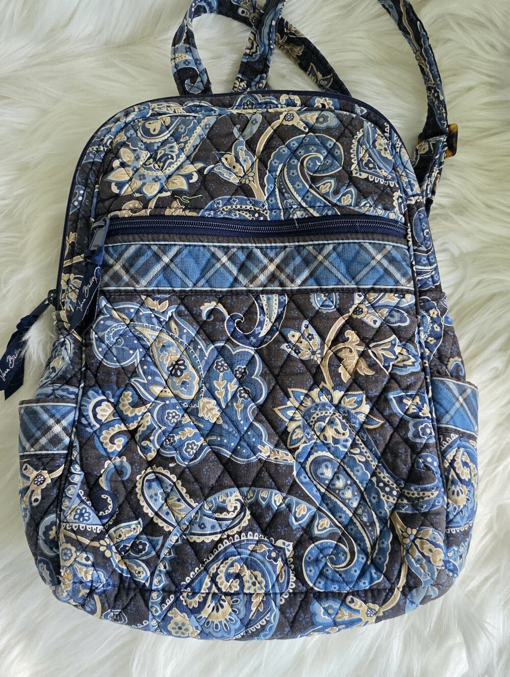 Vera Bradley Blue and Cream Quilted Paisley Backpack Crossbody
